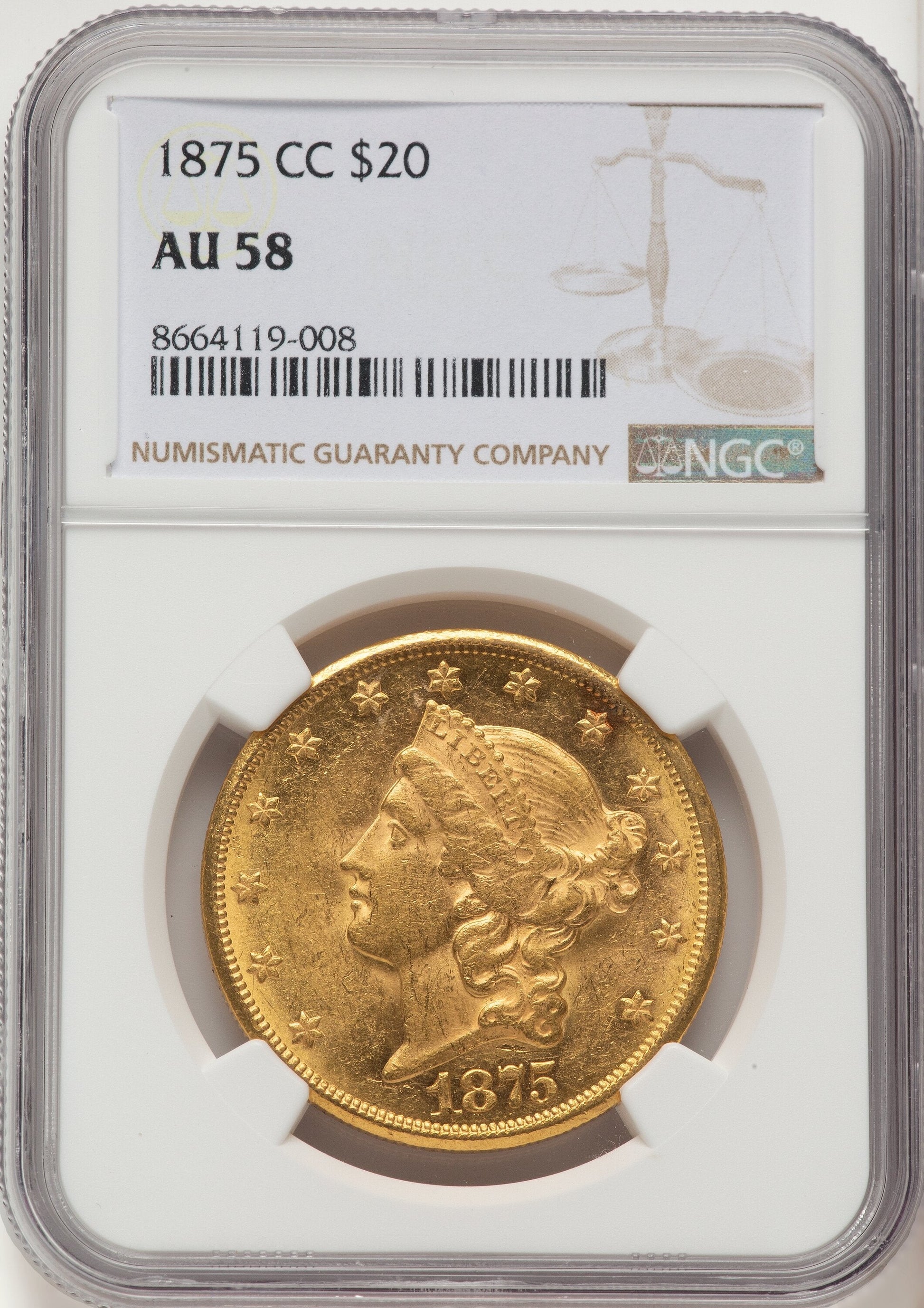 1875-CC $20 Liberty Double Eagle NGC AU58