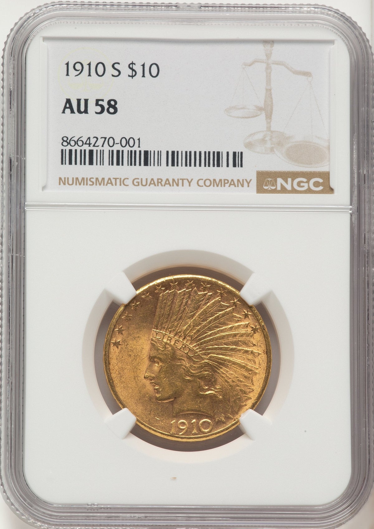 1910-S $10 Indian Eagle NGC AU58