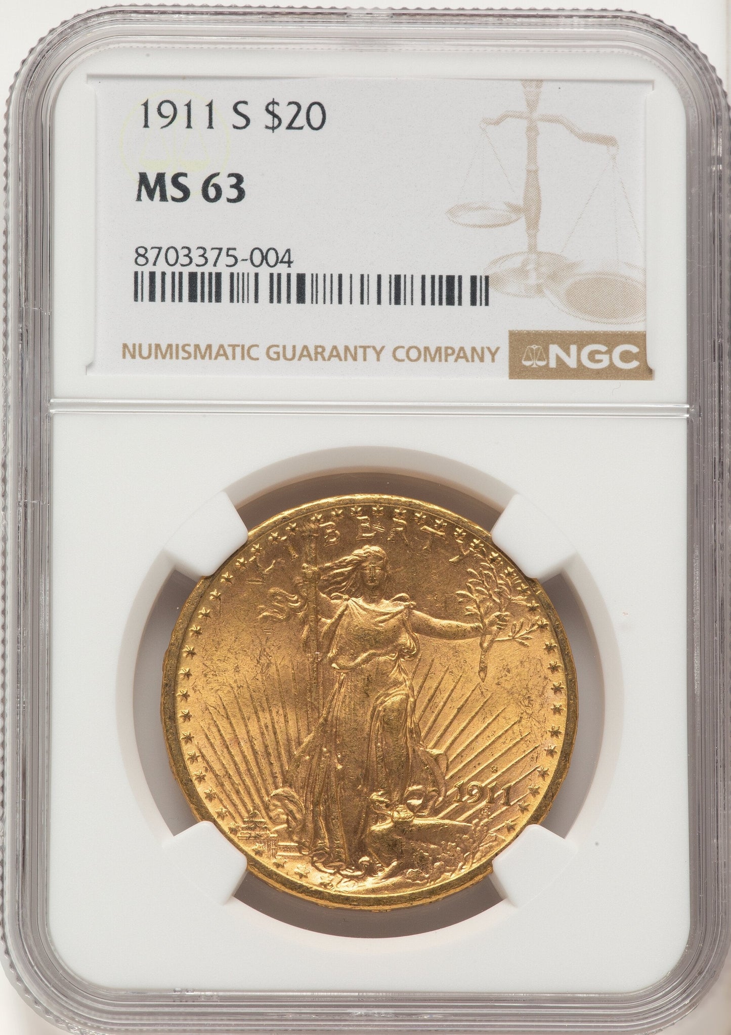 1911-S $20 Saint-Gaudens Double Eagle NGC MS63