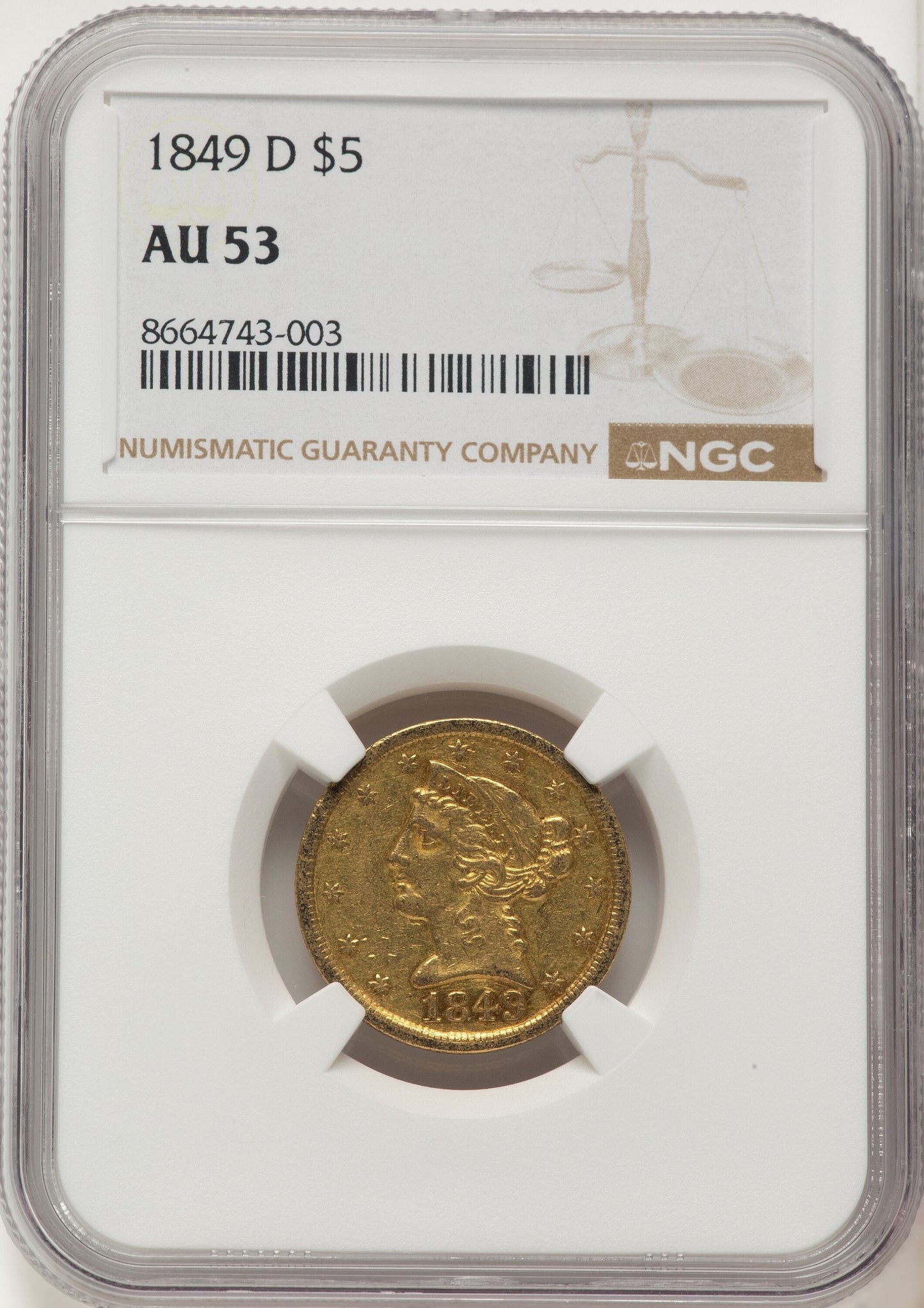 1849-D $5 Liberty Half Eagle NGC AU53