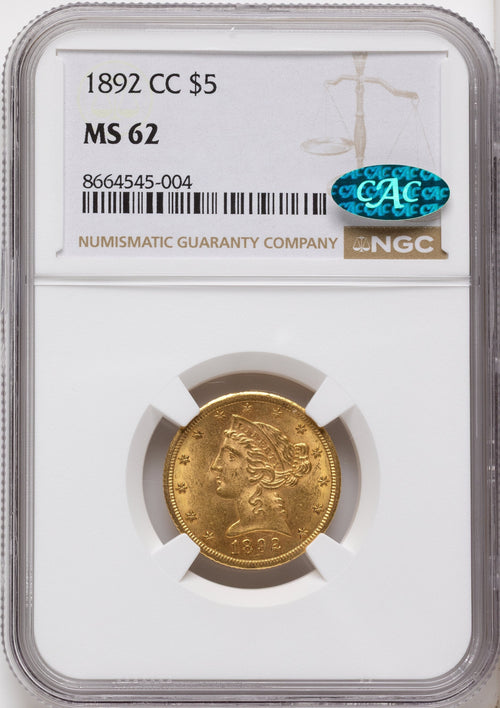 1892-CC $5 CAC Liberty Half Eagle NGC MS62