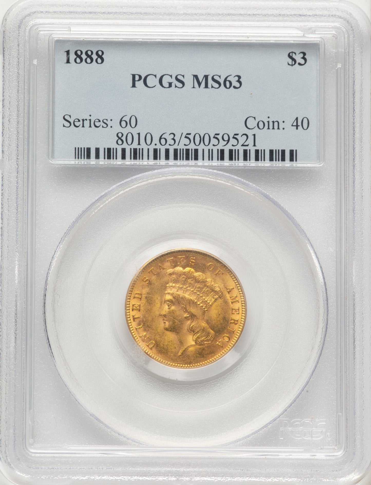1888 $3 Three Dollar Gold Pieces PCGS MS63