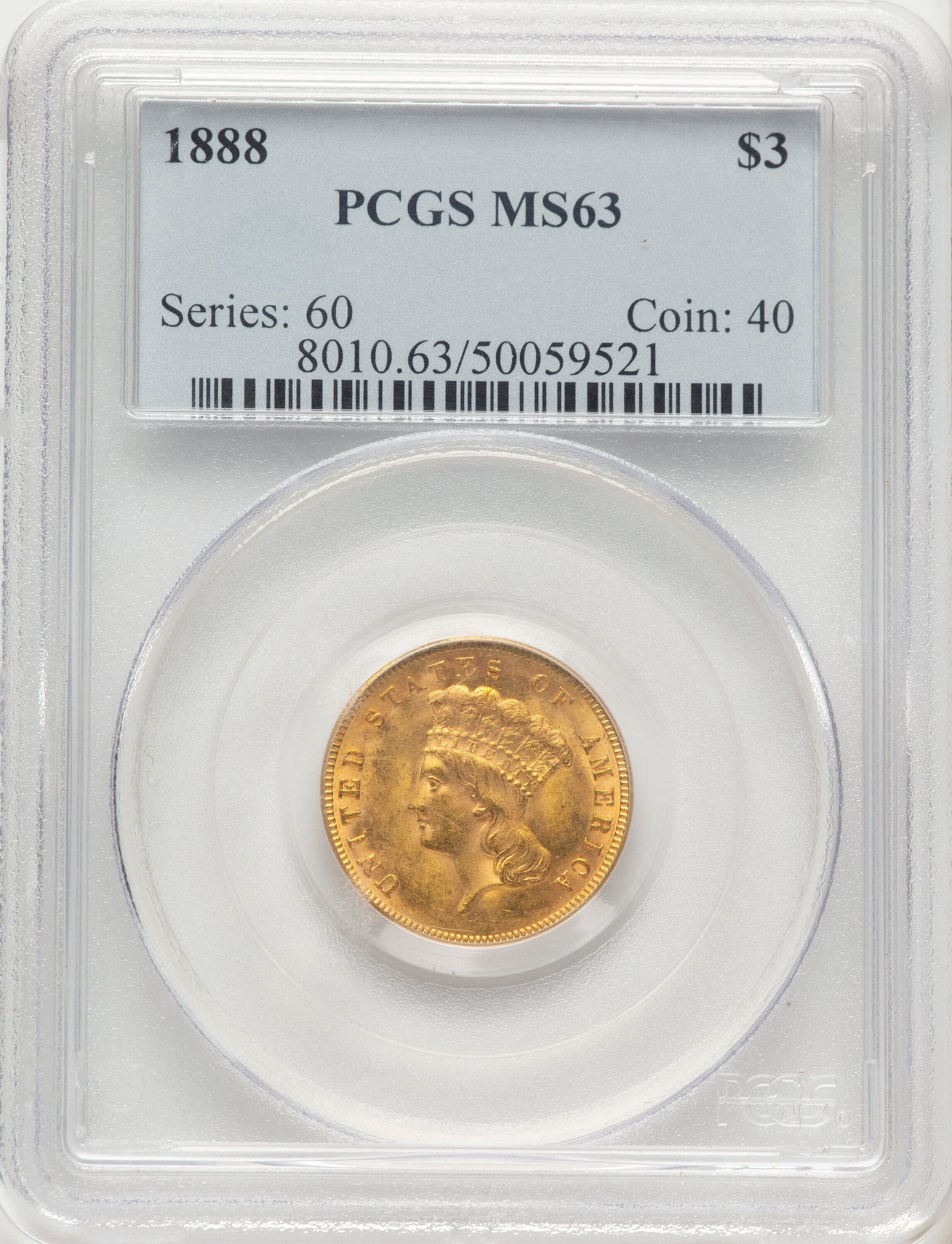 1888 $3 Three Dollar Gold Pieces PCGS MS63