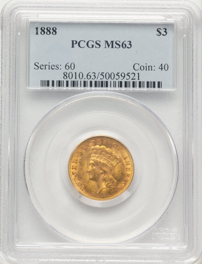 1888 $3 Three Dollar Gold Pieces PCGS MS63