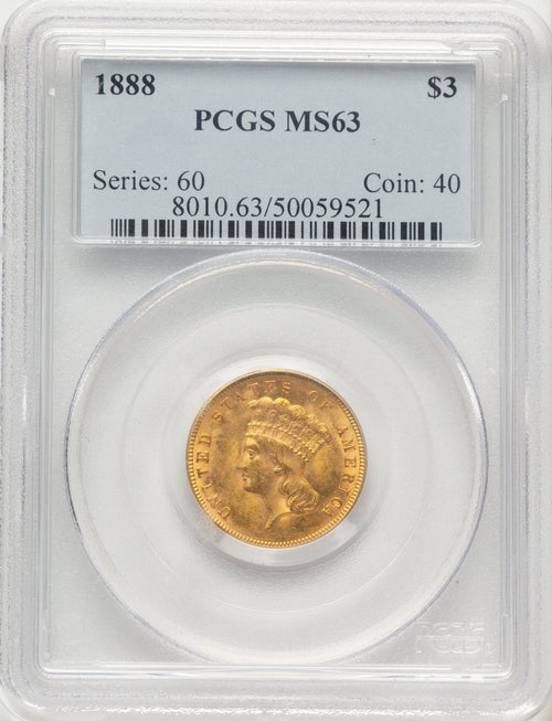 1888 $3 Three Dollar Gold Pieces PCGS MS63