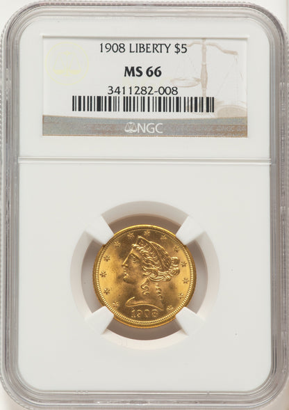 1908 $5 Liberty Liberty Half Eagle NGC MS66