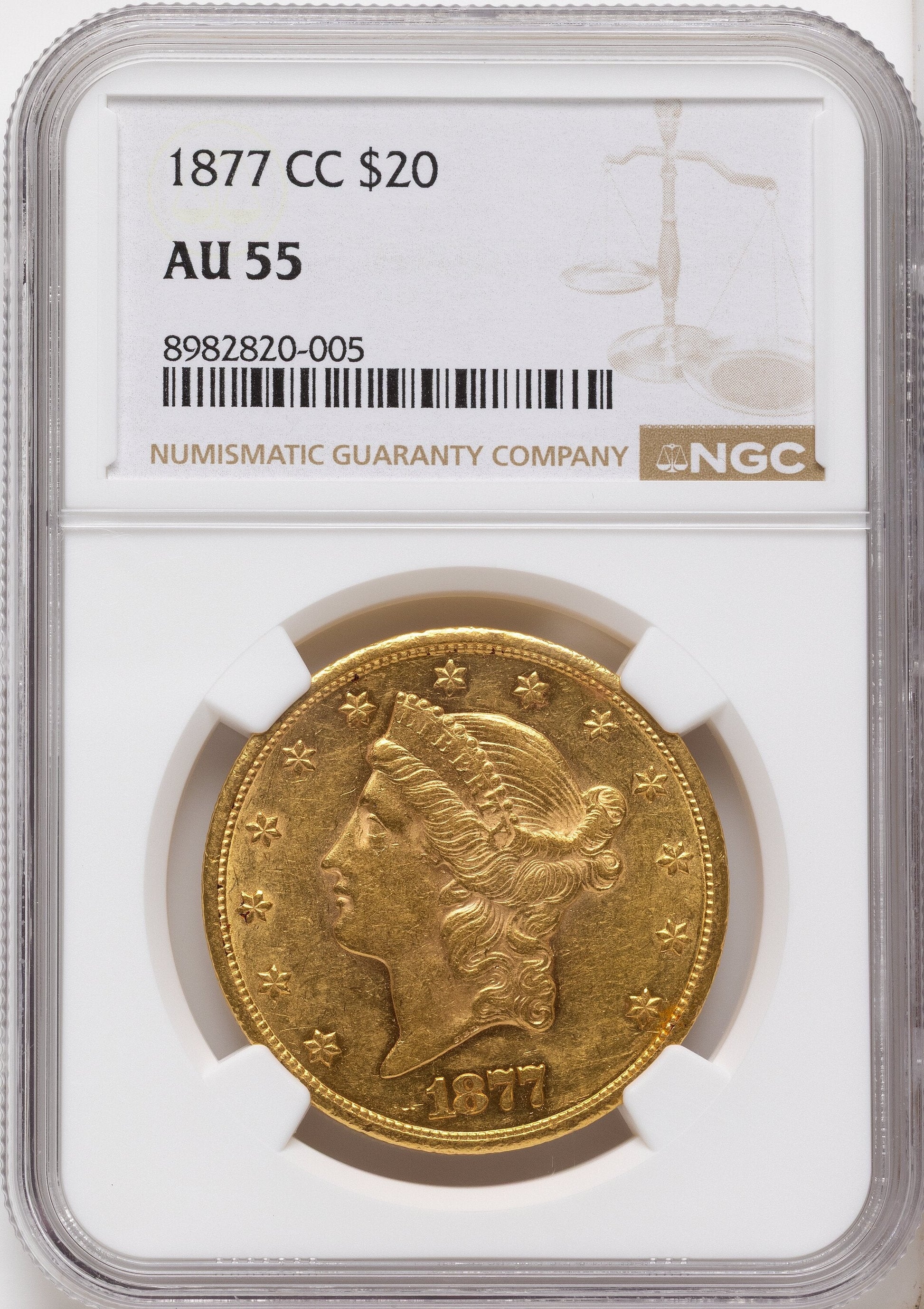 1877-CC $20 Liberty Double Eagle NGC AU55