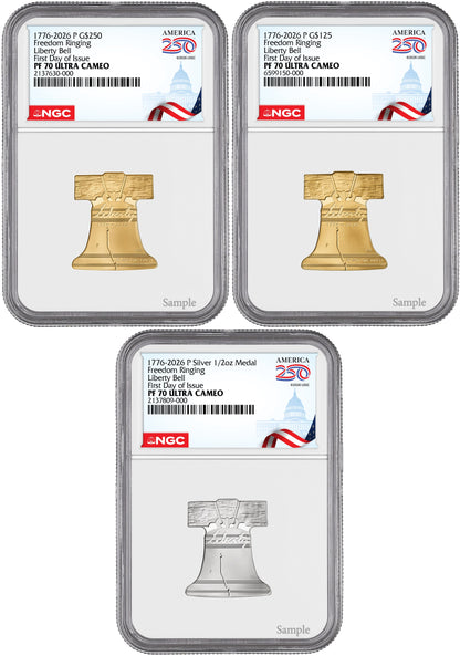 2026-P Freedom Ringing Liberty Bell 3-Coin Set FDI PR70 Congress 250 Label