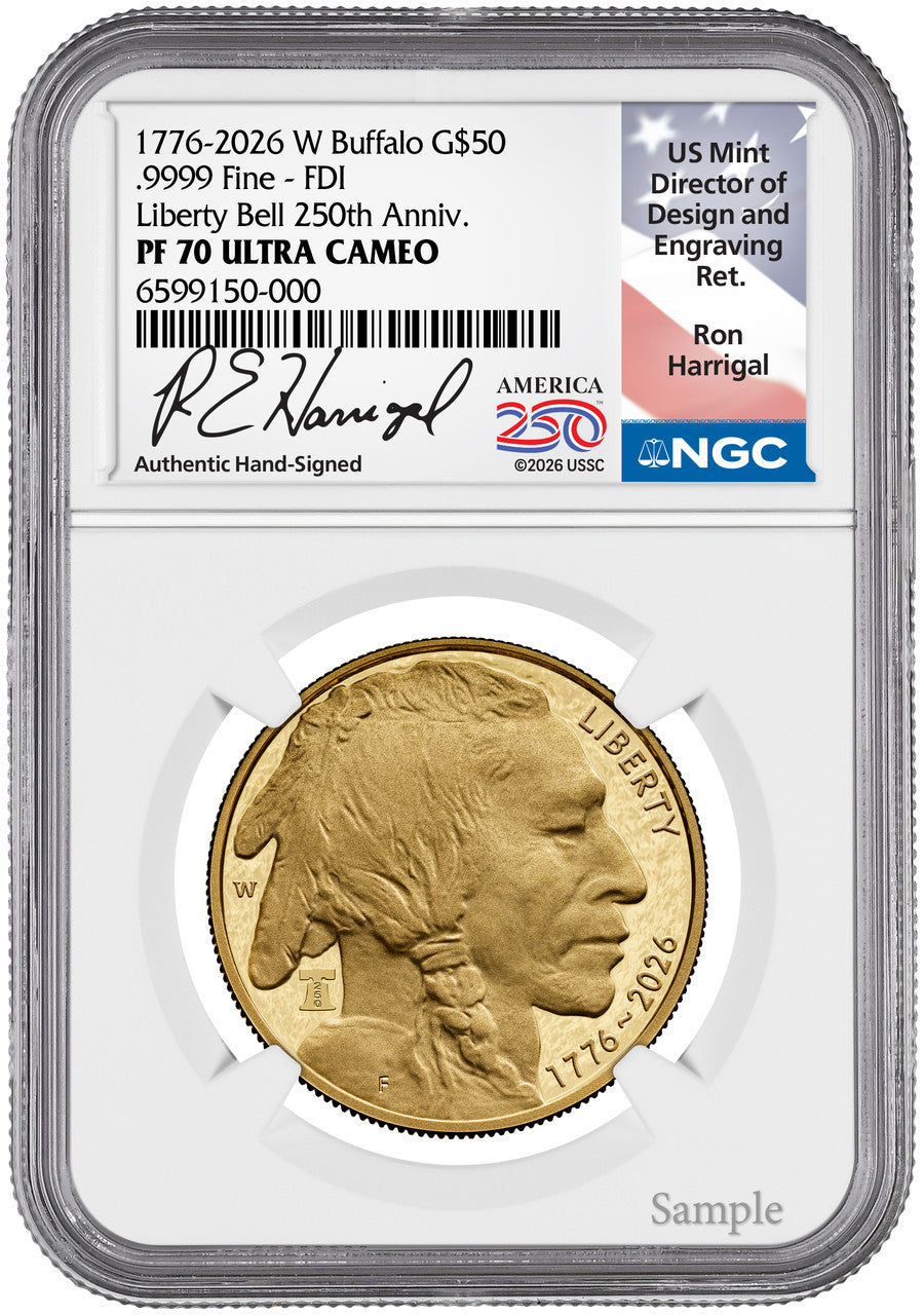 2026-W 1 oz Proof Gold Buffalo FDI 250 Liberty Bell NGC PF70 (1776-2026) Harrigal
