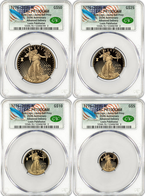 2026-W Proof Gold Eagle 250 Liberty Bell 4-Coin Set AD CAC PR70 (1776-2026) Founders