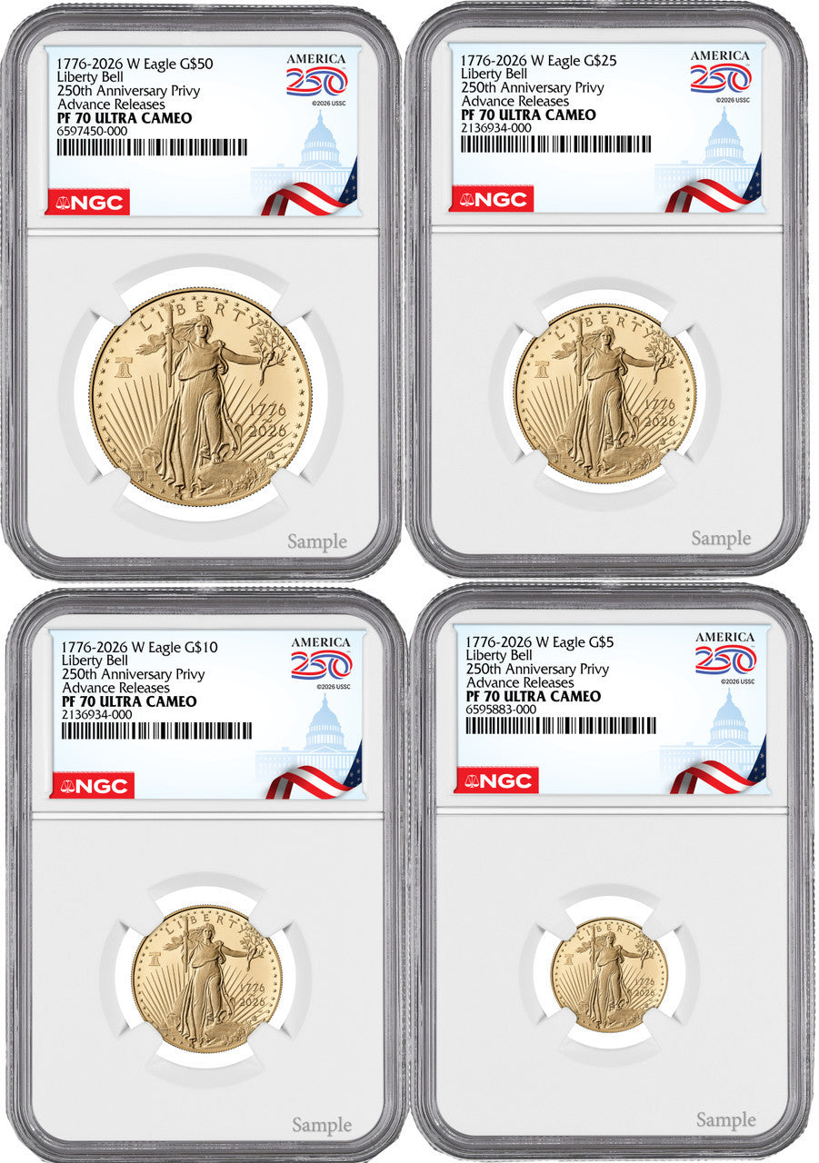 2026-W Proof Gold Eagle 250 Liberty Bell 4-Coin Set AR NGC PF70 (1776-2026)