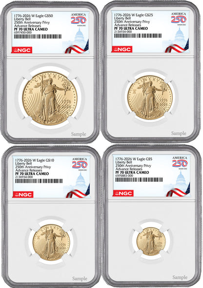 2026-W Proof Gold Eagle 250 Liberty Bell 4-Coin Set AR NGC PF70 (1776-2026)