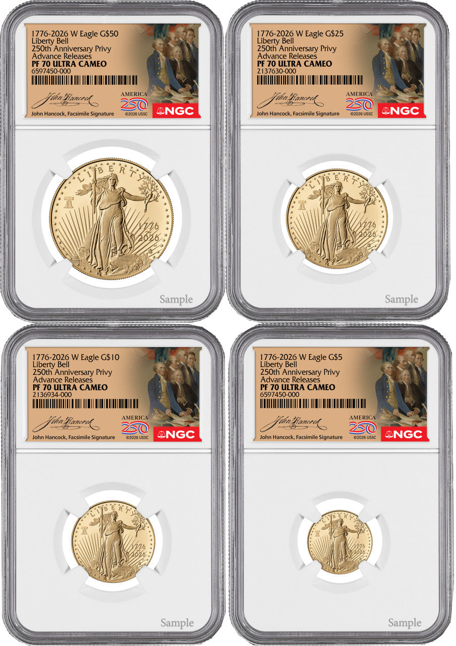 2026-W Proof Gold Eagle 250 Liberty Bell 4-Coin Set AR NGC PF70 (1776-2026)