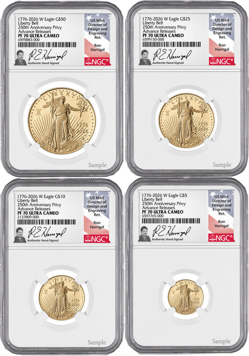 2026-W Proof Gold Eagle Liberty Bell 4-Coin Set AR NGC PF70 Harrigal (1776-2026)
