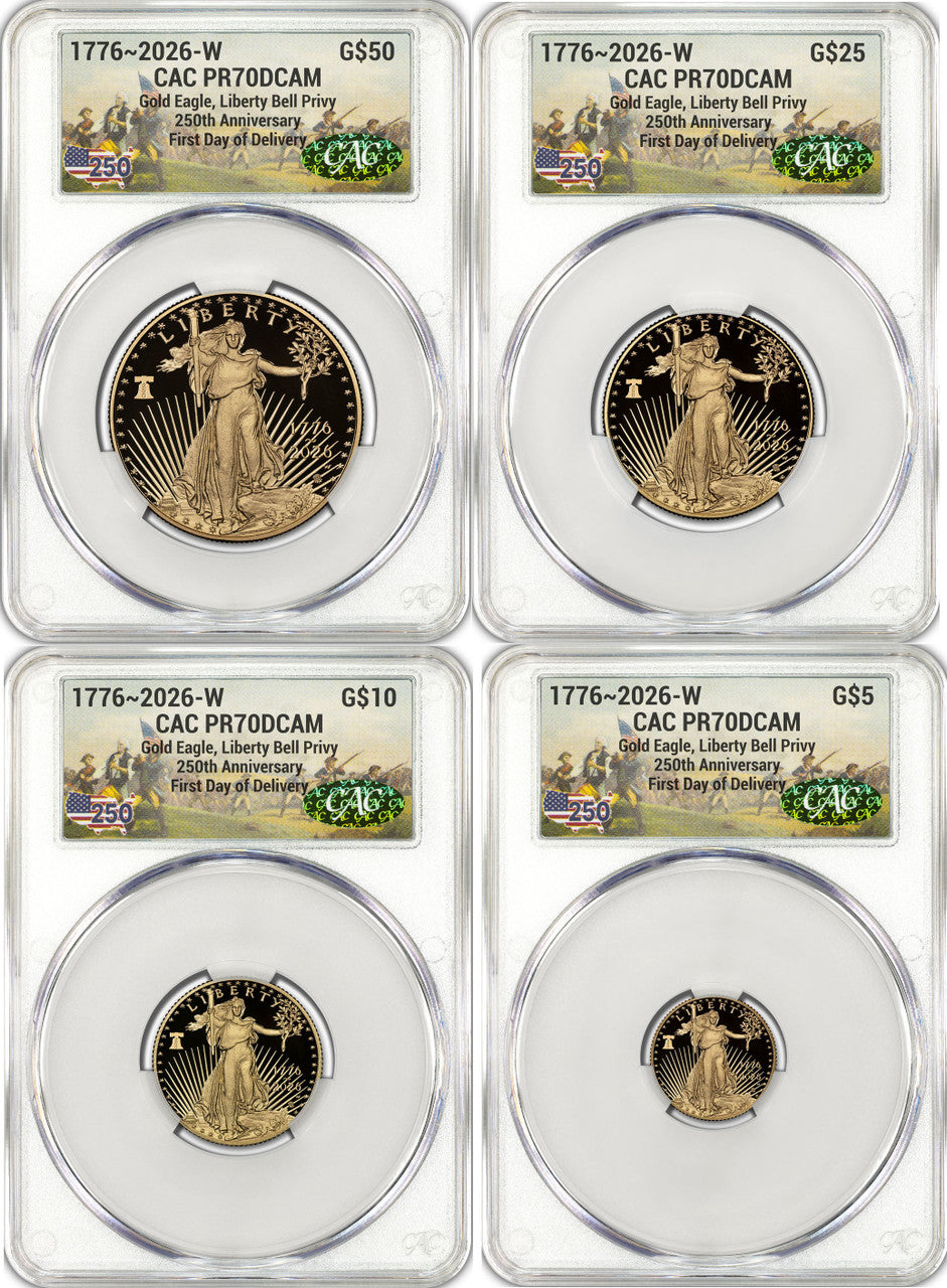 2026-W Proof Gold Eagle 250 Liberty Bell 4-Coin Set FDD CAC PR70 (1776-2026)