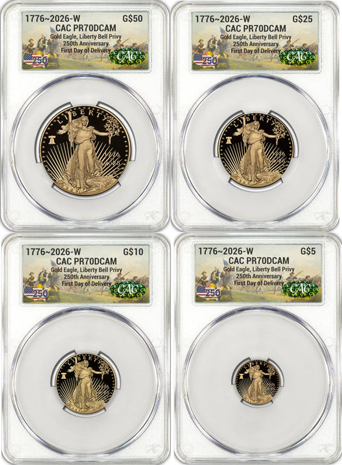 2026-W Proof Gold Eagle 250 Liberty Bell 4-Coin Set FDD CAC PR70 (1776-2026)