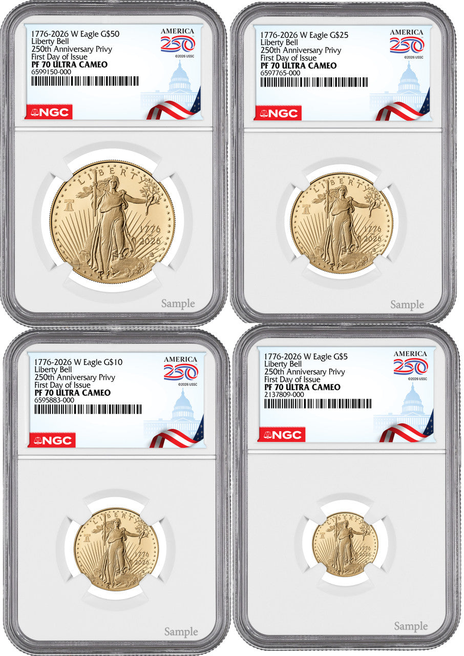 2026-W Proof Gold Eagle 250 Liberty Bell 4-Coin Set FDI NGC PF70 (1776-2026)