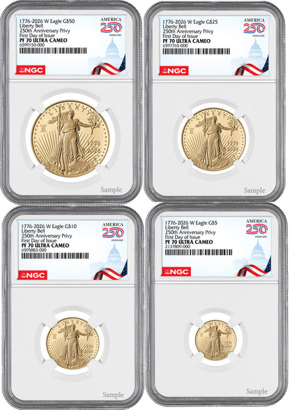 2026-W Proof Gold Eagle 250 Liberty Bell 4-Coin Set FDI NGC PF70 (1776-2026)