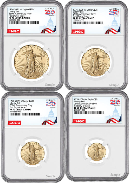 2026-W Proof Gold Eagle 250 Liberty Bell 4-Coin Set FDI NGC PF70 (1776-2026)