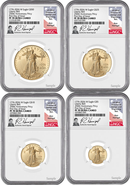 2026-W Proof Gold Eagle Liberty Bell 4-Coin Set FDI NGC PF70 Harrigal (1776-2026)