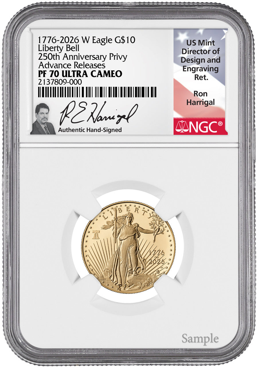 2026-W 1/4 oz Proof Gold Eagle 250 Liberty Bell AR NGC PF70 Harrigal (1776-2026)
