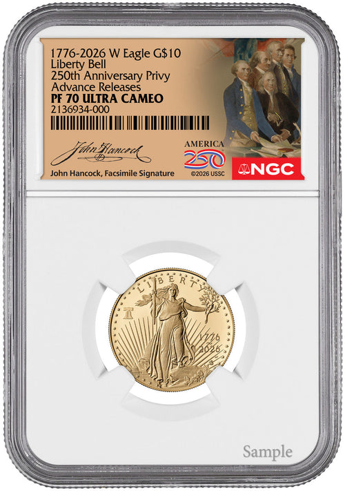 2026-W 1/4 oz Proof Gold Eagle 250 Liberty Bell AR NGC PF70 (1776-2026) Hancock