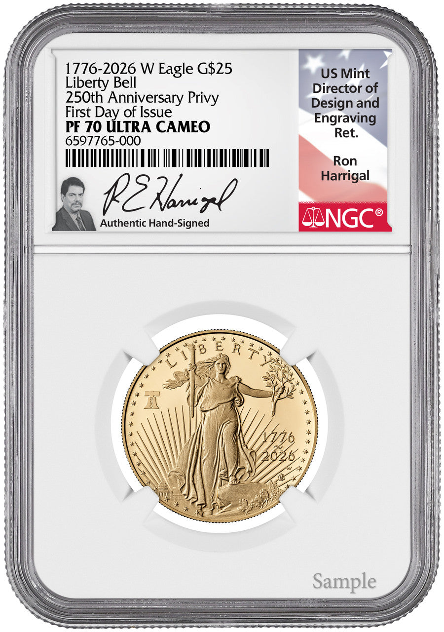 2026-W 1/2 oz Proof Gold Eagle 250 Liberty Bell FDI NGC PF70 Harrigal (1776-2026)