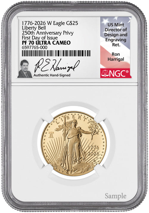 2026-W 1/2 oz Proof Gold Eagle 250 Liberty Bell FDI NGC PF70 Harrigal (1776-2026)
