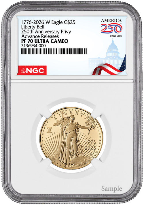 2026-W 1/2 oz Proof Gold Eagle 250 Liberty Bell AR NGC PF70 (1776-2026)