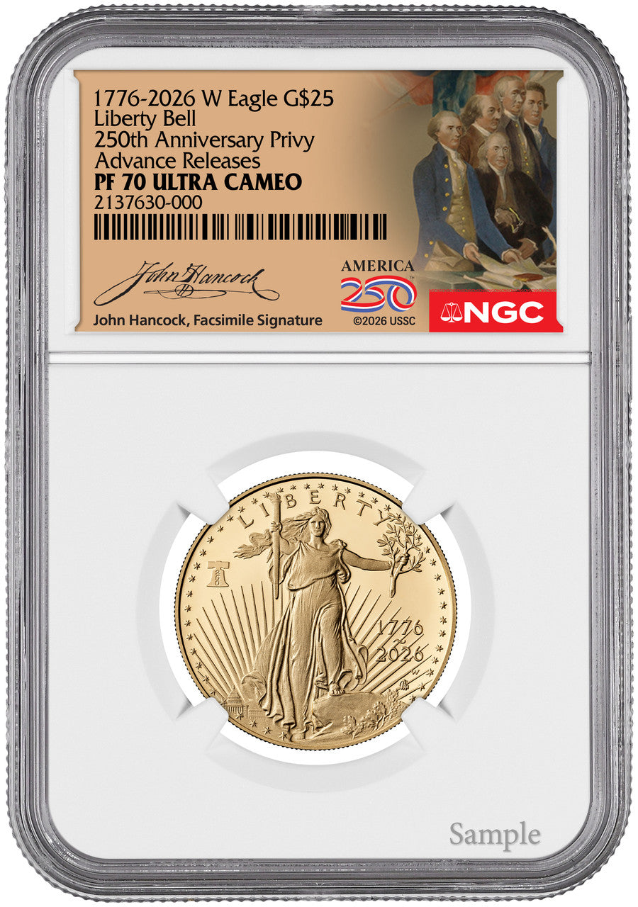 2026-W 1/2 oz Proof Gold Eagle 250 Liberty Bell AR NGC PF70 (1776-2026) Hancock