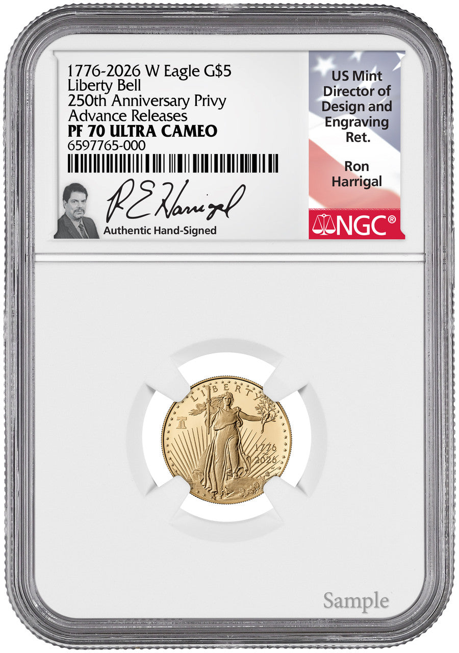 2026-W 1/10 oz Proof Gold Eagle 250 Liberty Bell AR NGC PF70 Harrigal (1776-2026)