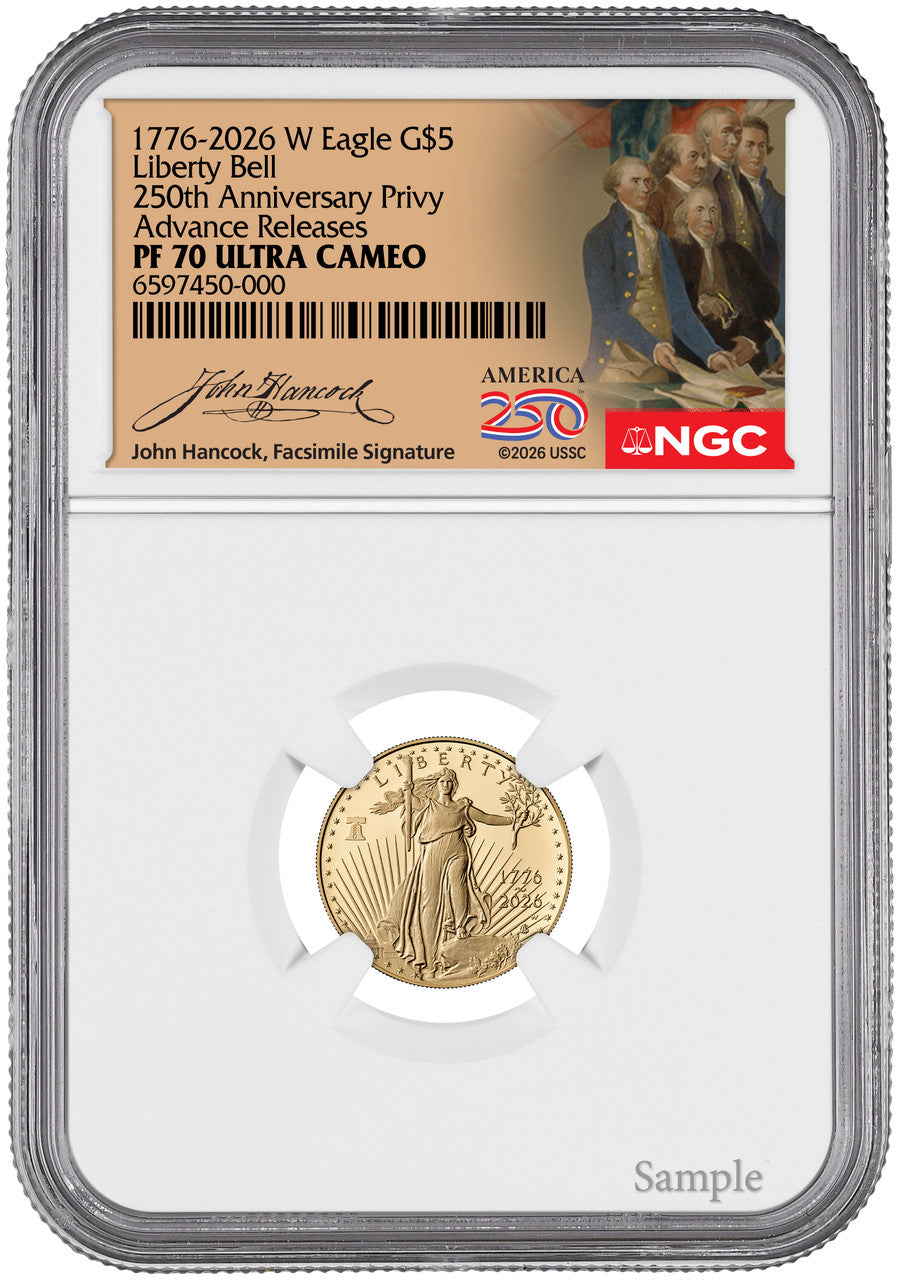 2026-W 1/10 oz Proof Gold Eagle 250 Liberty Bell AR NGC PF70 (1776-2026) Hancock