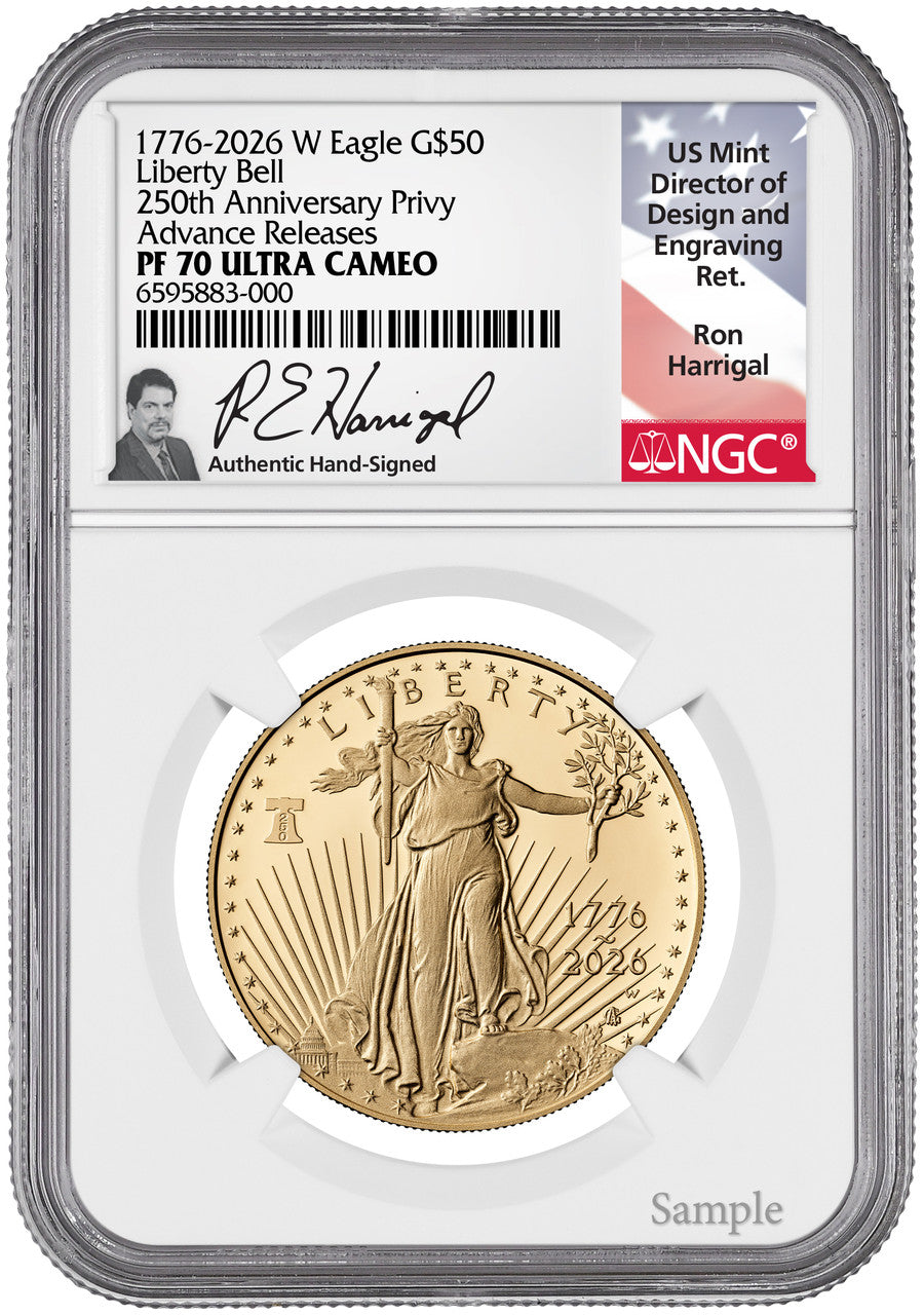 2026-W 1 oz Proof Gold Eagle 250 Liberty Bell AR NGC PF70 Harrigal (1776-2026)