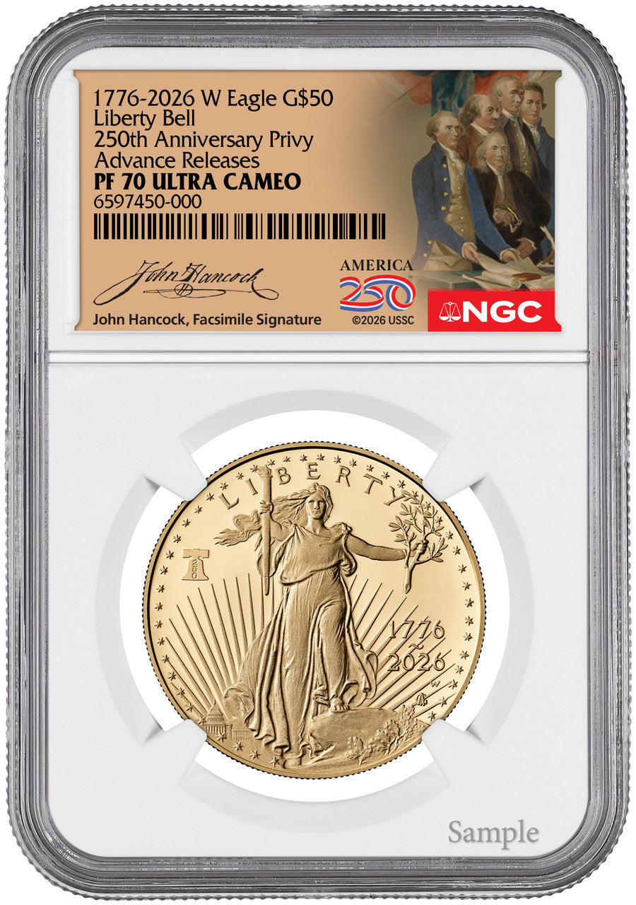 2026-W 1 oz Proof Gold Eagle 250 Liberty Bell AR NGC PF70 (1776-2026) Hancock