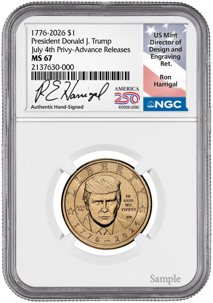 2026 President Donald J. Trump Semiquincentennial July 4th Privy AR NGC MS67 Harrigal