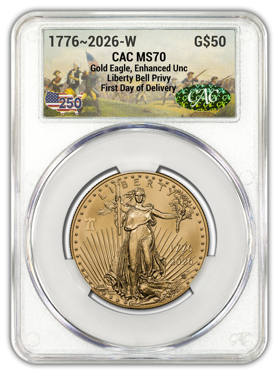 2026-W 1 oz Enhanced Gold Eagle 250 Liberty Bell FDD CAC MS70 (1776-2026) Battlefield