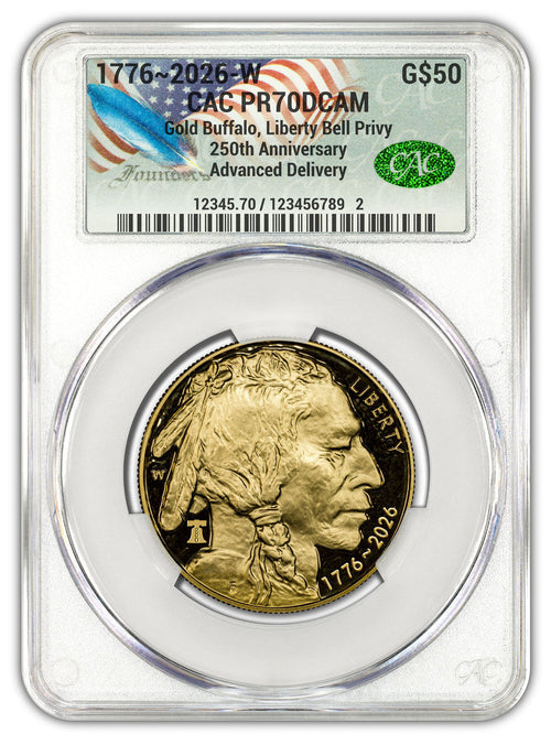 2026-W 1 oz Proof Gold Buffalo AD 250 Liberty Bell CAC PR70 (1776-2026) Founders
