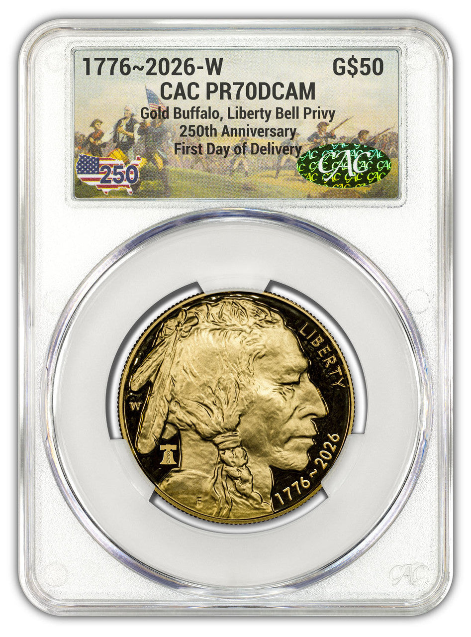 2026-W 1 oz Proof Gold Buffalo FDD Liberty Bell CAC PR70 (1776-2026) Battlefield