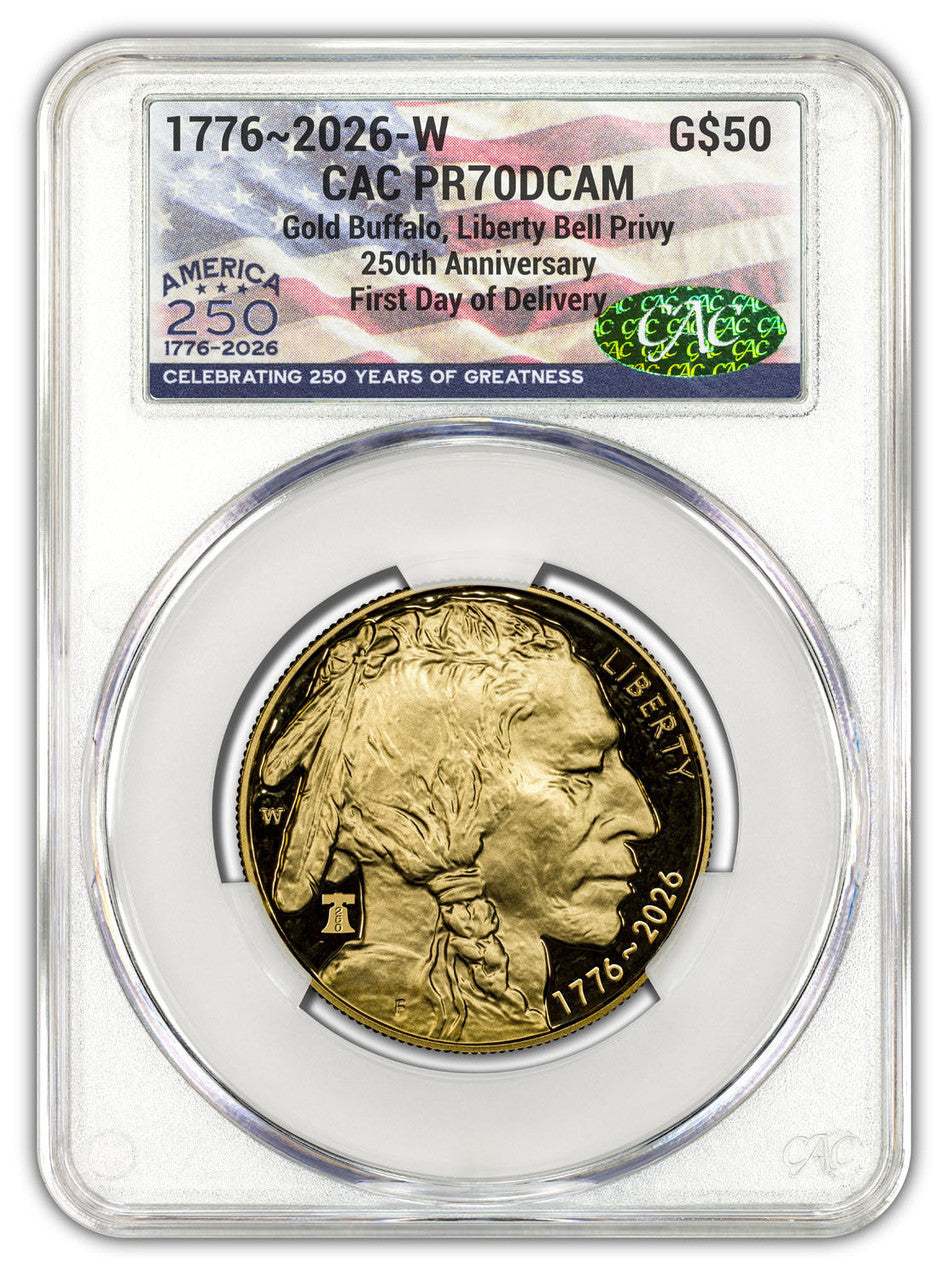 2026-W 1 oz Proof Gold Buffalo FDD America 250 Liberty Bell CAC PR70 (1776-2026) Flag