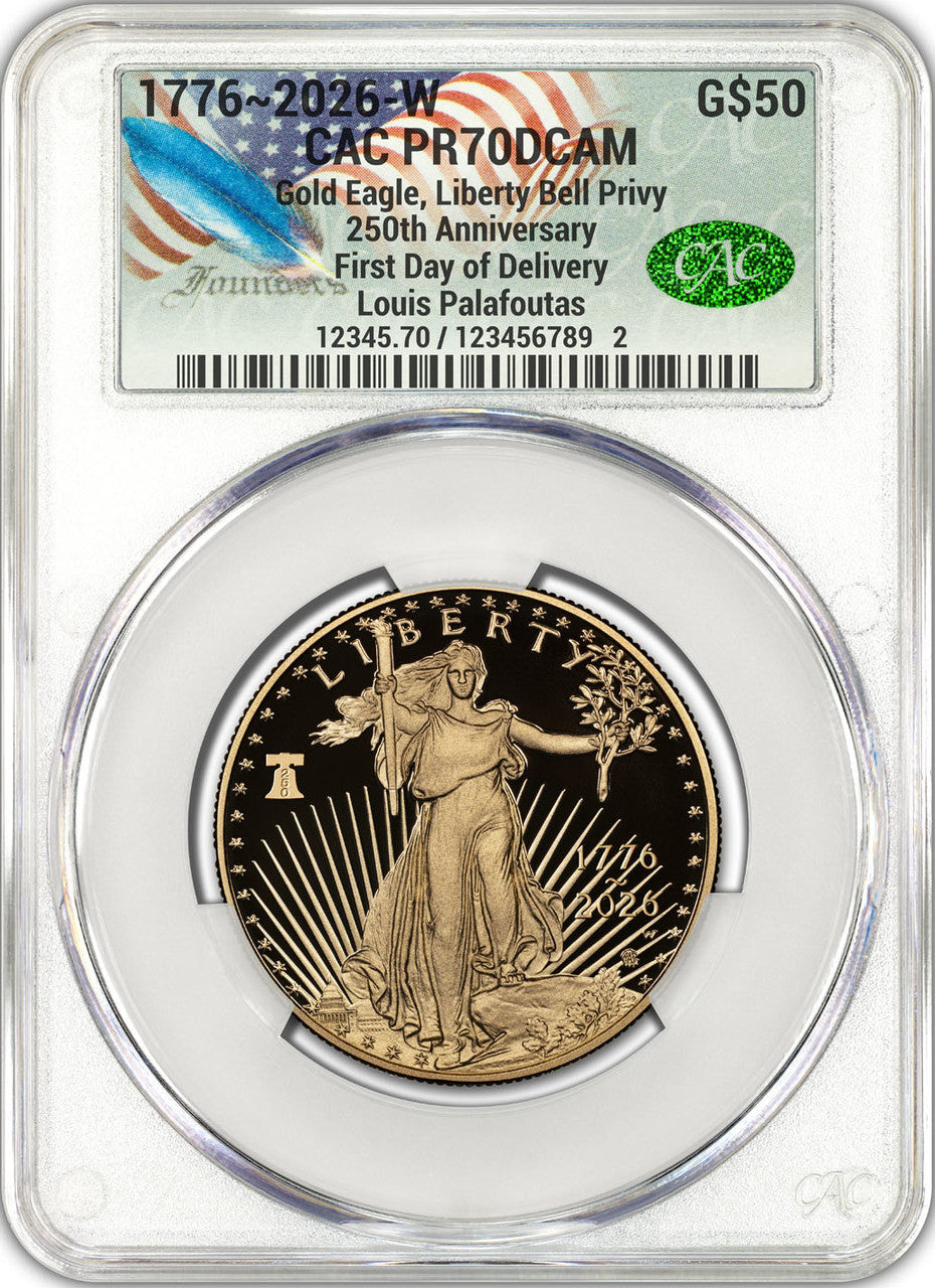 2026-W 1 oz Gold Eagle 250 Liberty Bell FDD CAC PR70 (1776-2026) Founders
