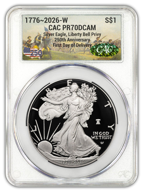 2026 W Silver Eagle Liberty Bell Battlefield 250 Privy FDD CAC PR70 (1776–2026)