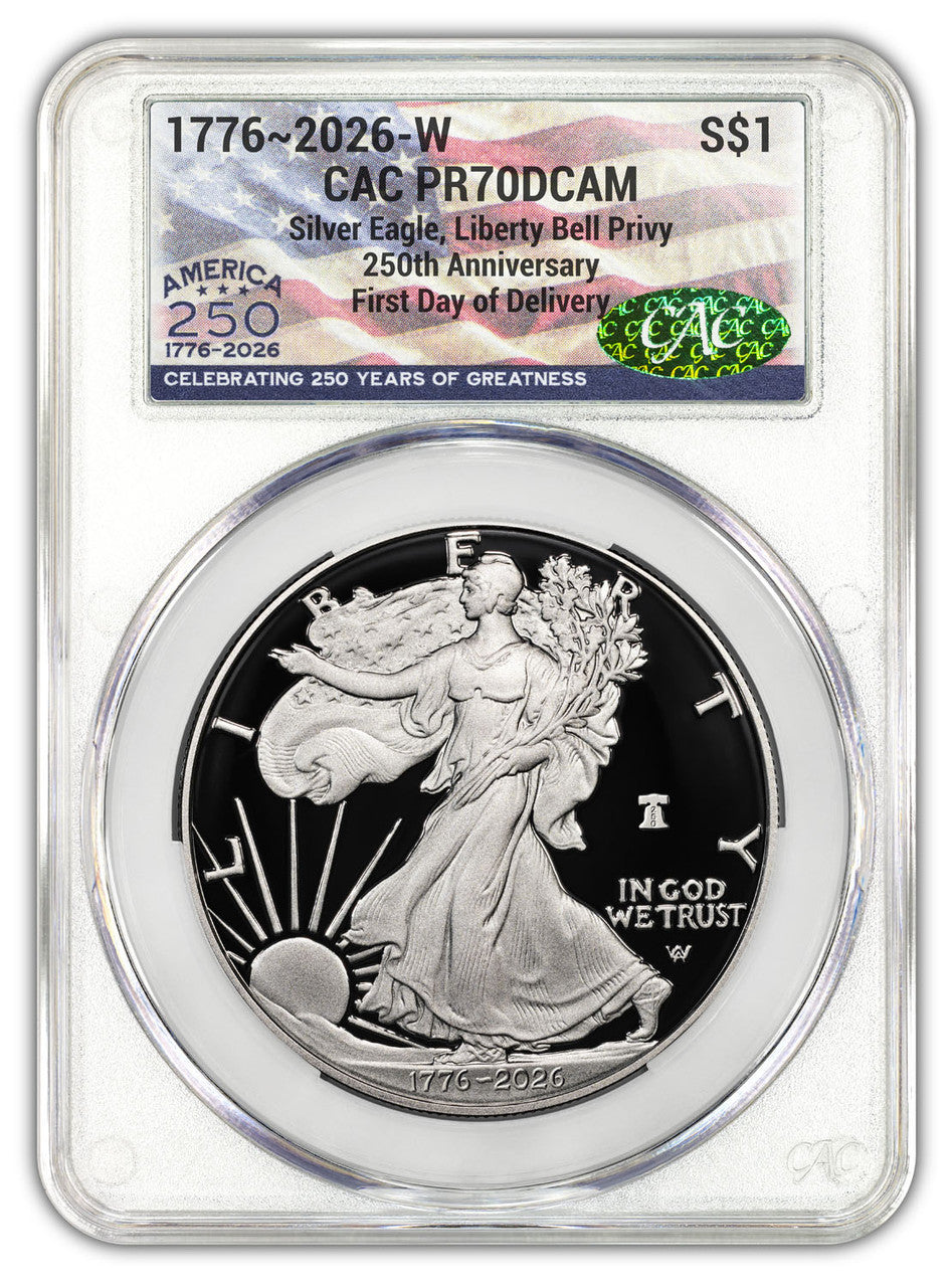 2026 W Silver Eagle Liberty Bell Flag 250 Privy FDD CAC PR70 (1776–2026)