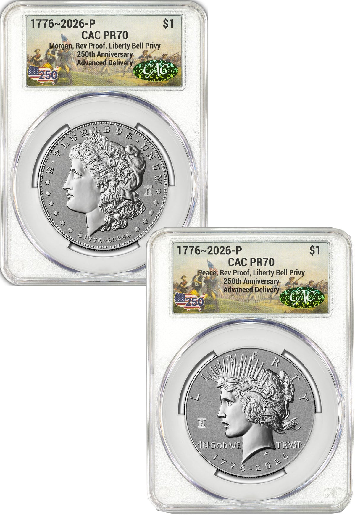 2026-P Morgan and Peace Dollar Reverse Proof 2-Coin Set CAC PR70 AD Battlefield 250 Label