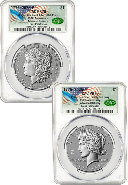 2026-P Morgan and Peace Dollar Reverse Proof 2-Coin Set CAC PR70 Advanced Delivery Founders Label