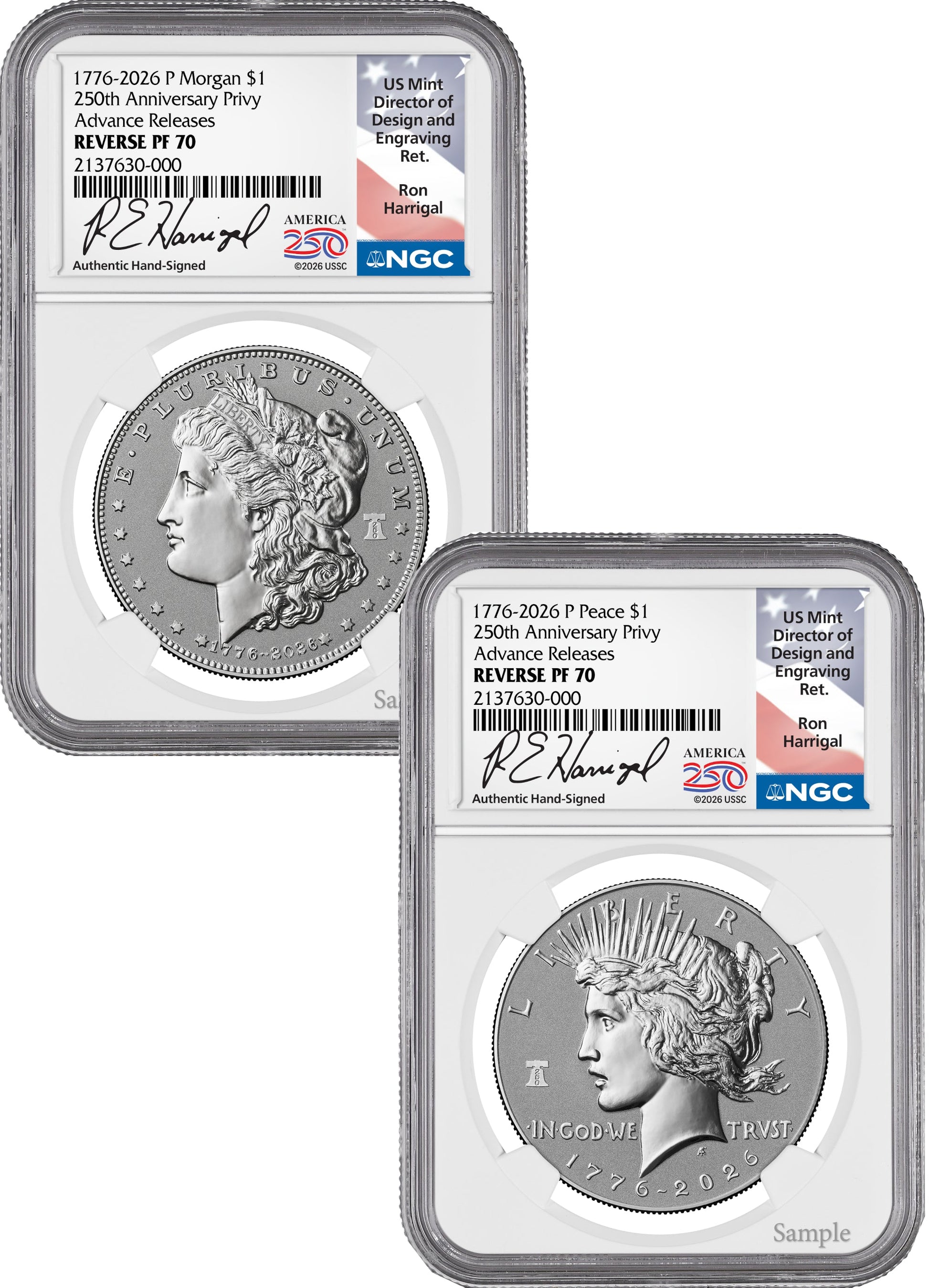 2026-P Morgan and Peace Dollar Reverse Proof 2-Coin Set NGC PF70 Advanced Releases Harrigal America 250 Label