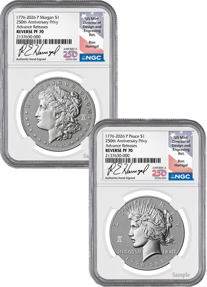 2026-P Morgan and Peace Dollar Reverse Proof 2-Coin Set NGC PF70 Advanced Releases Harrigal America 250 Label