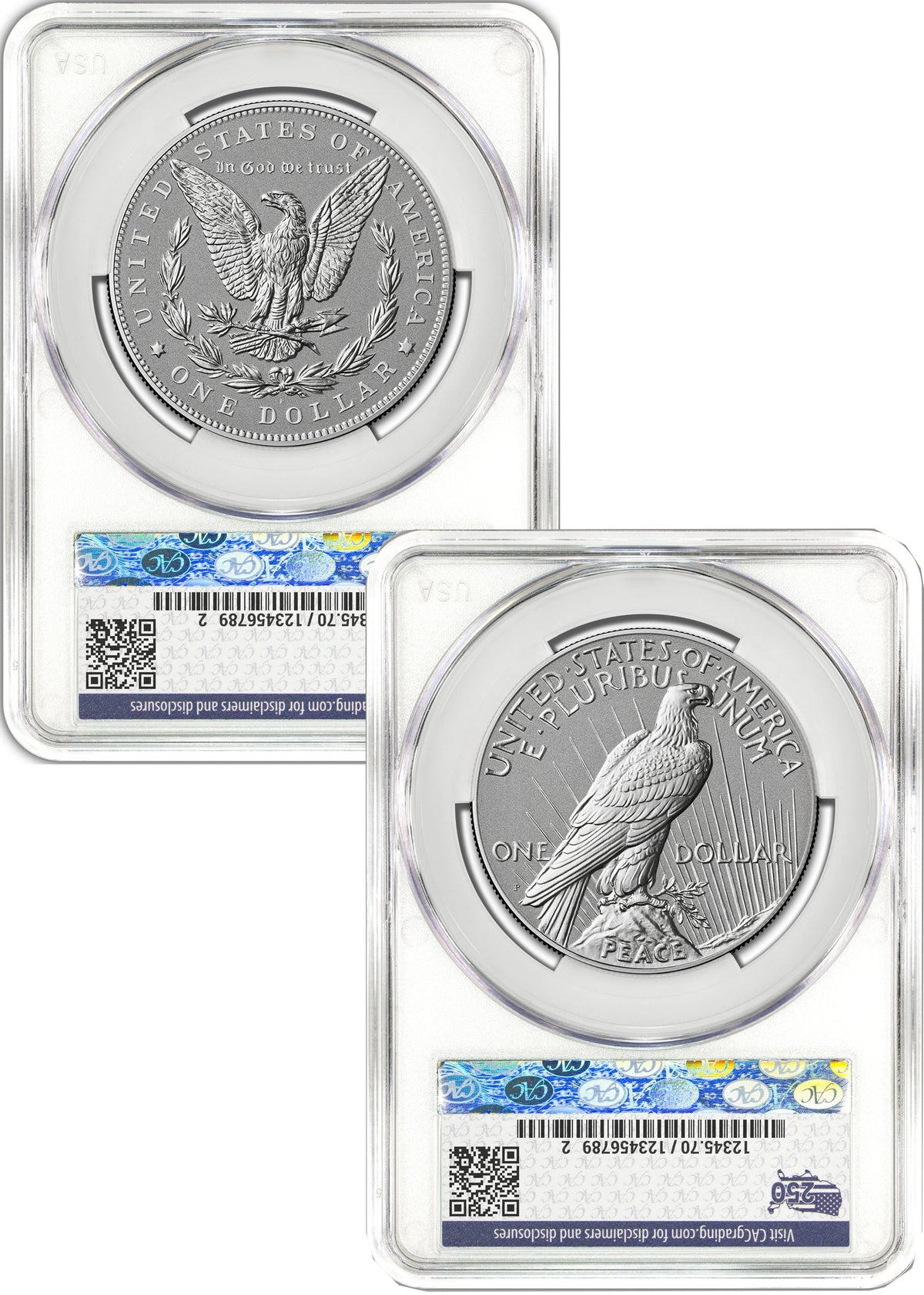 2026-P Morgan and Peace Dollar Reverse Proof 2-Coin Set CAC PR70 AD Battlefield 250 Label