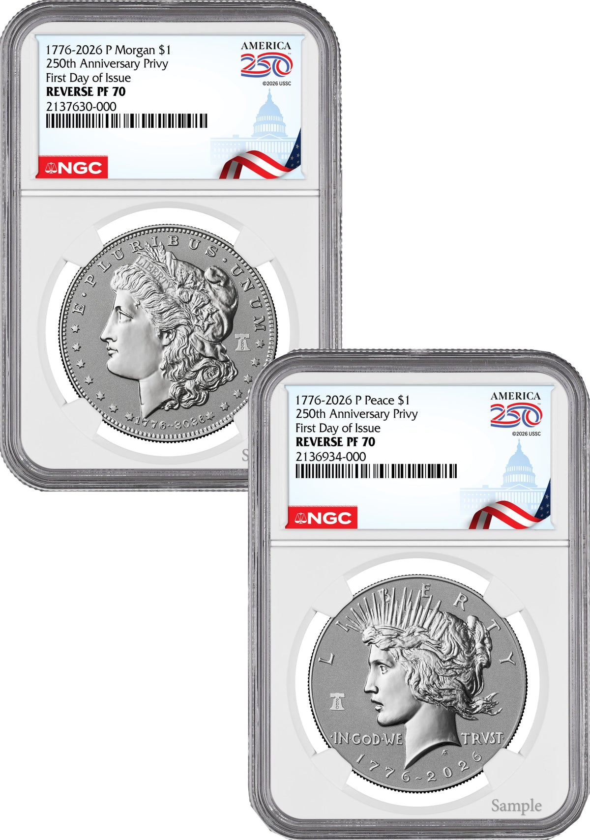 2026-P Morgan and Peace Dollar Reverse Proof 2-Coin Set NGC PF70 FDOI Congress 250 Label