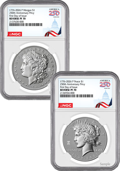 2026-P Morgan and Peace Dollar Reverse Proof 2-Coin Set NGC PF70 FDOI Congress 250 Label