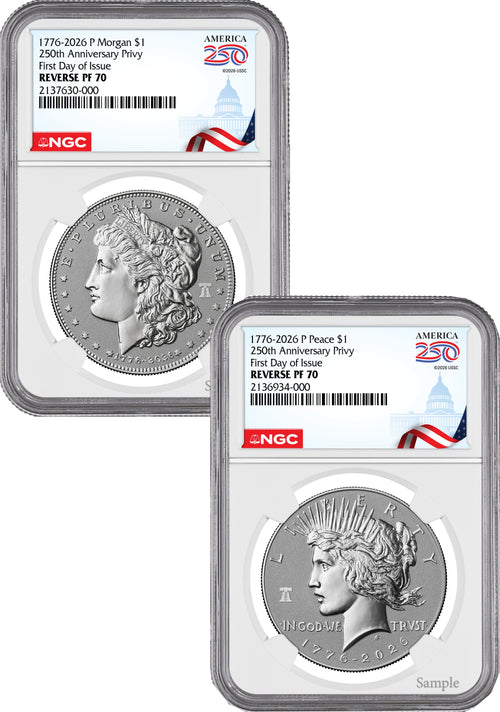 2026-P Morgan and Peace Dollar Reverse Proof 2-Coin Set NGC PF70 FDOI Congress 250 Label